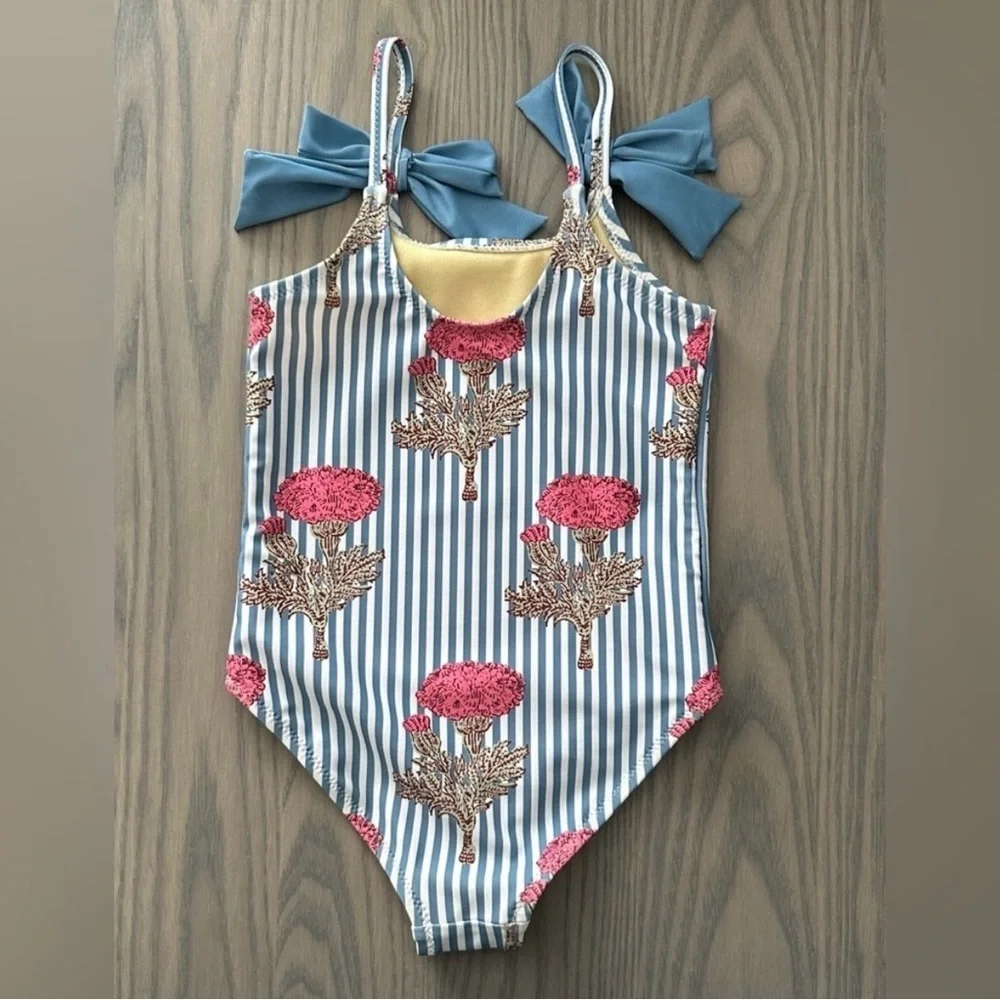 PINK CHICKEN GIRLS LULU SWIMSUIT IN BLUSH MARIGOLD STRIPE NWOT